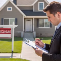 A real estate agent holding a clipboard inspecting a house with a foreclosure sign in the yard.