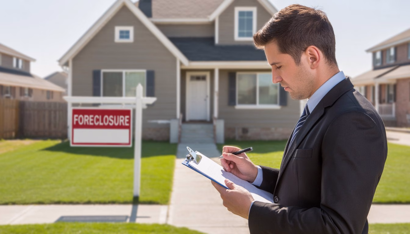 A real estate agent holding a clipboard inspecting a house with a foreclosure sign in the yard.