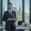 A confident businessperson standing in an office with a city skyline visible through a large window, holding a tablet and surrounded by work materials.