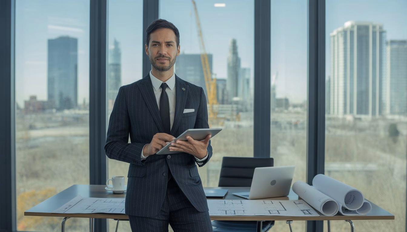 A confident businessperson standing in an office with a city skyline visible through a large window, holding a tablet and surrounded by work materials.