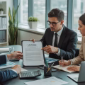 Three professionals in an office meeting reviewing documents around a conference table with laptops and a city view in the background.