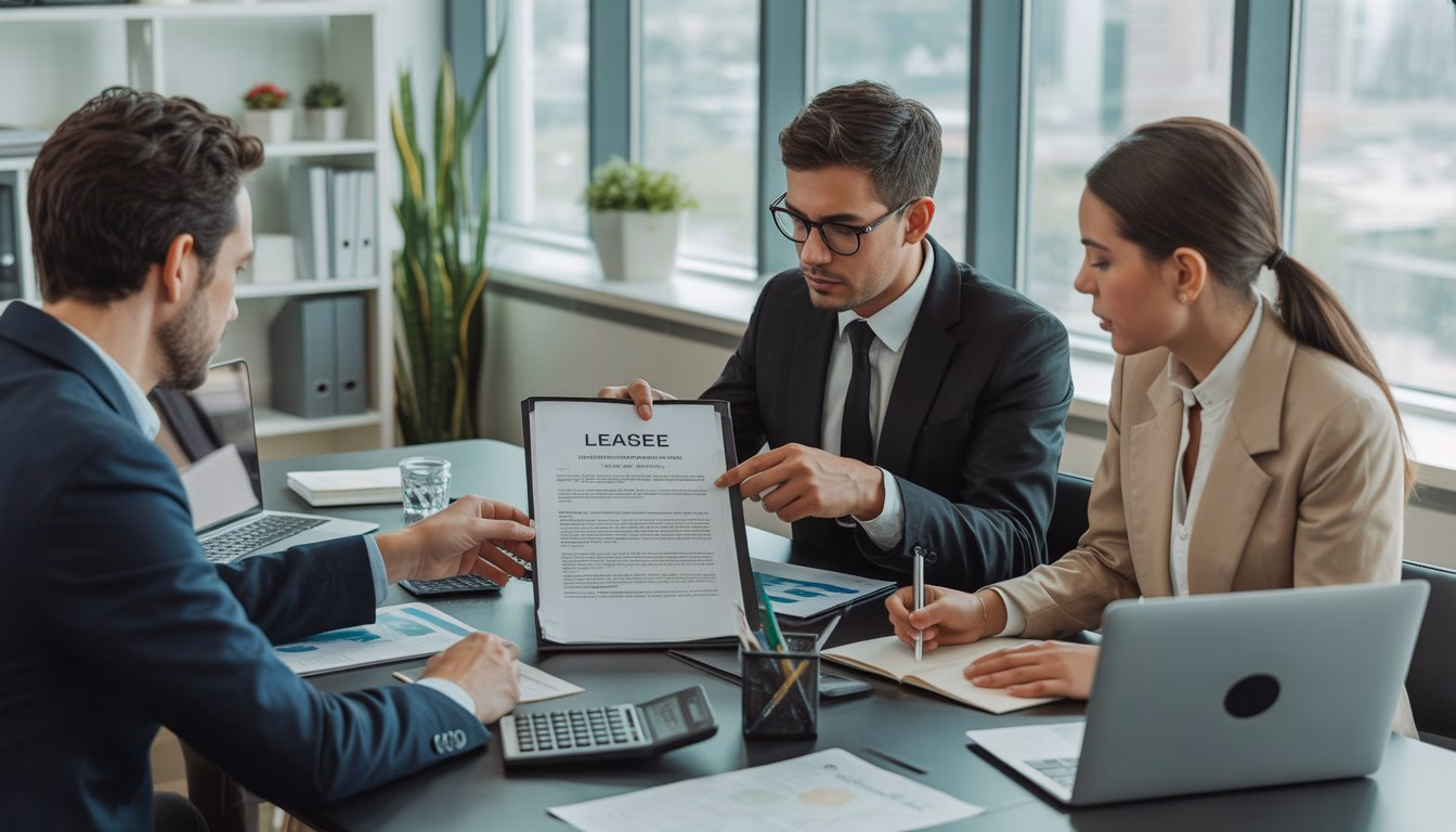 Three professionals in an office meeting reviewing documents around a conference table with laptops and a city view in the background.