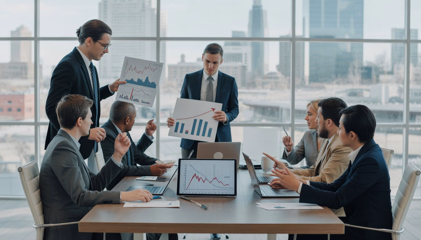 Business professionals meeting in an office with financial charts and city buildings visible through large windows.