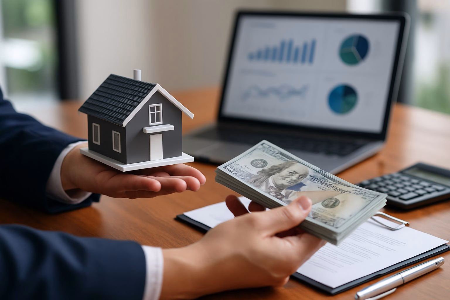 Hands holding a small house model and US dollar bills on a desk with a laptop and financial documents in the background.