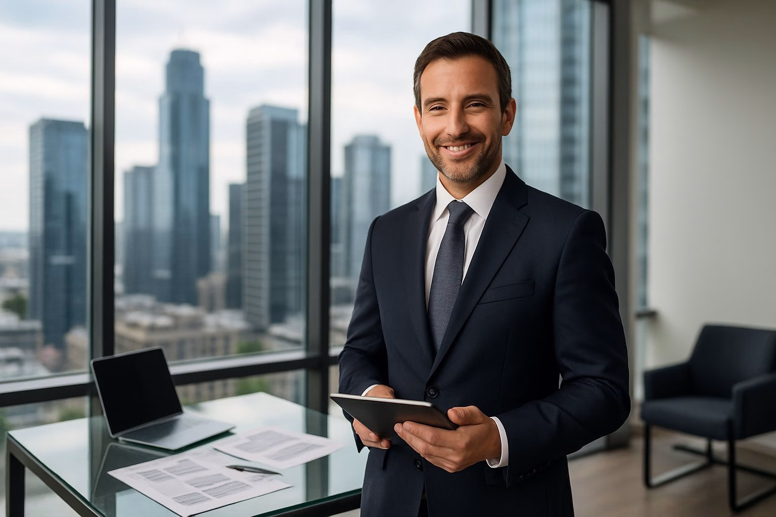 A man in a suit standing in a modern office with a city skyline visible through large windows, holding a tablet and smiling.