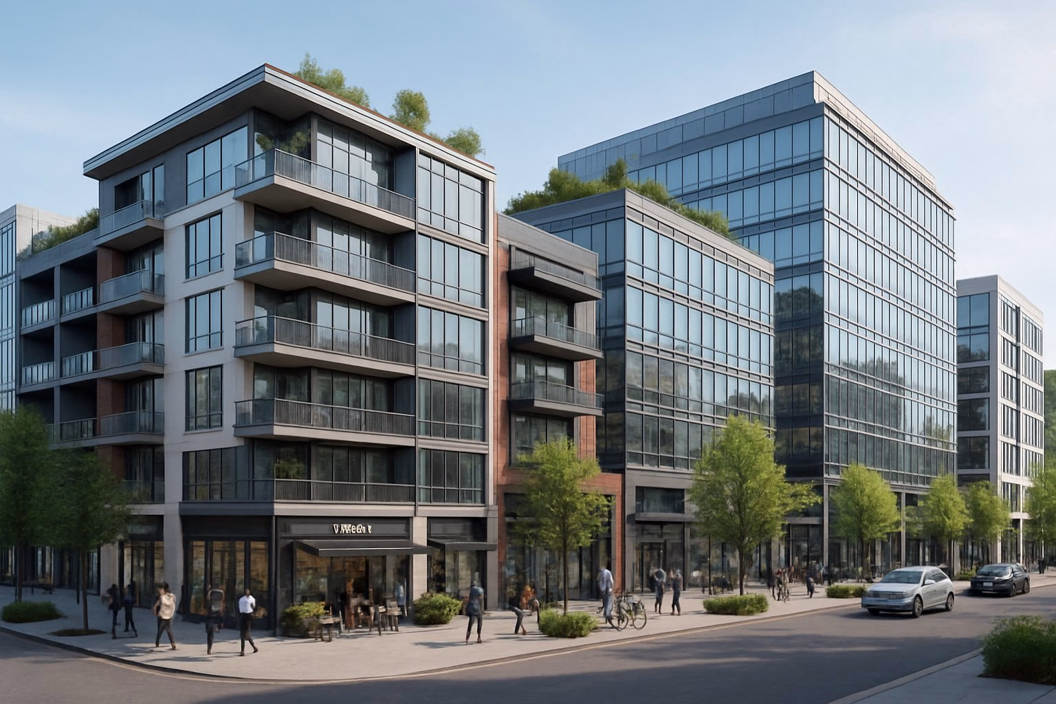 A modern urban area with residential buildings, offices, shops, people walking, and outdoor cafes surrounded by trees and greenery.