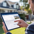 A person using a tablet to review property inspection data outside a house in a residential neighborhood.
