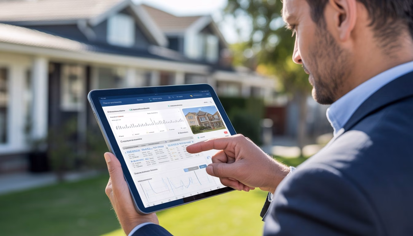 A person using a tablet to review property inspection data outside a house in a residential neighborhood.