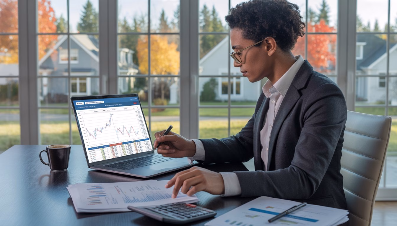 A person working at a desk with a laptop and documents, looking at real estate market data with houses and autumn trees visible outside the window.