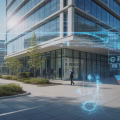 A modern office building with glass windows and digital overlays showing smart technology and connectivity, with people using devices nearby.