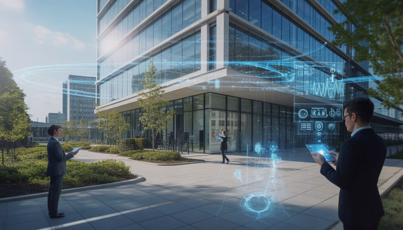 A modern office building with glass windows and digital overlays showing smart technology and connectivity, with people using devices nearby.