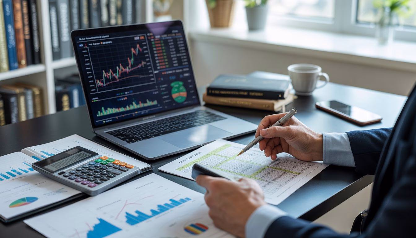 A person analyzing financial charts and documents related to real estate investment at a desk with a laptop, calculator, and papers.