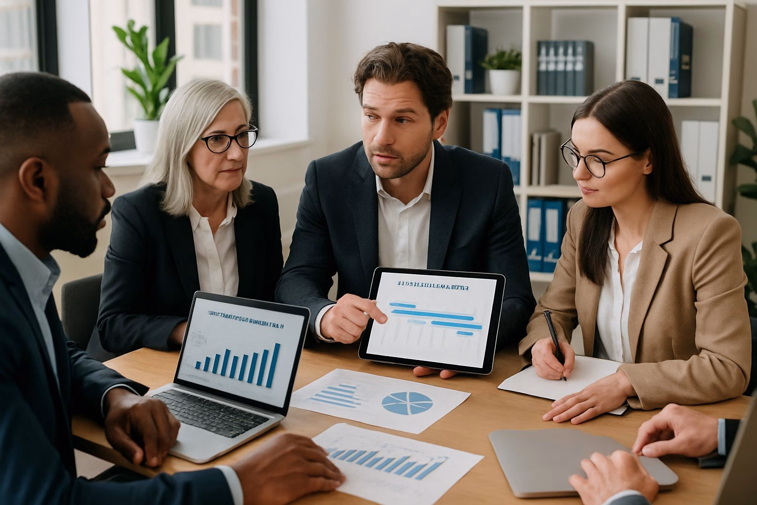 A group of people in an office reviewing charts and timelines related to real estate investment around a table.