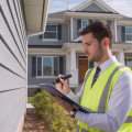 A home inspector examining the exterior of a suburban house with a clipboard in hand.