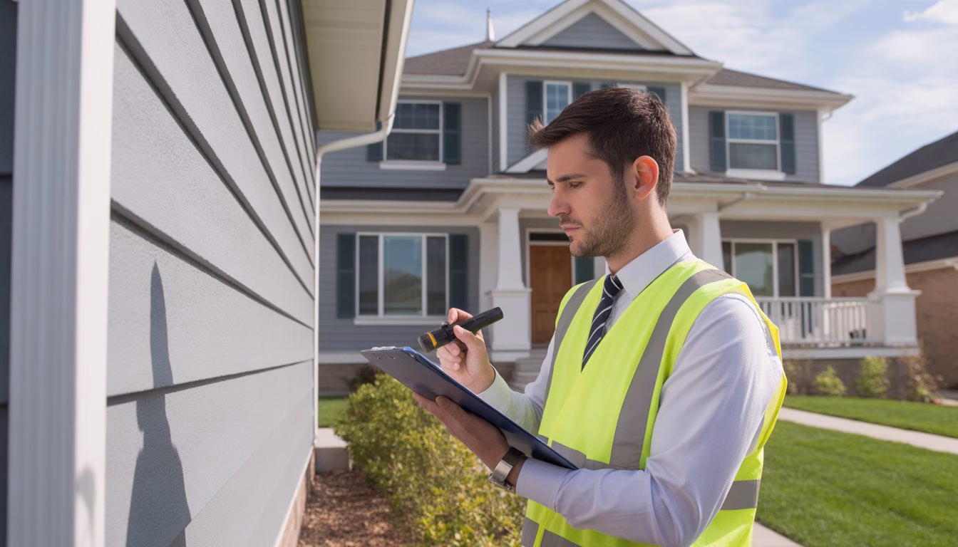A home inspector examining the exterior of a suburban house with a clipboard in hand.
