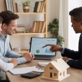 A couple meeting with a financial advisor at a desk, discussing home financing with a laptop, documents, and a small house model.