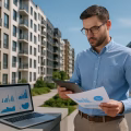 A person reviewing property documents and rental data outside modern apartment buildings in a city.
