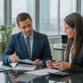 Two business professionals discussing documents at a conference table in a bright office with city views.