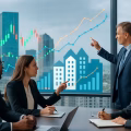 Business professionals in an office reviewing financial charts with a city skyline in the background.