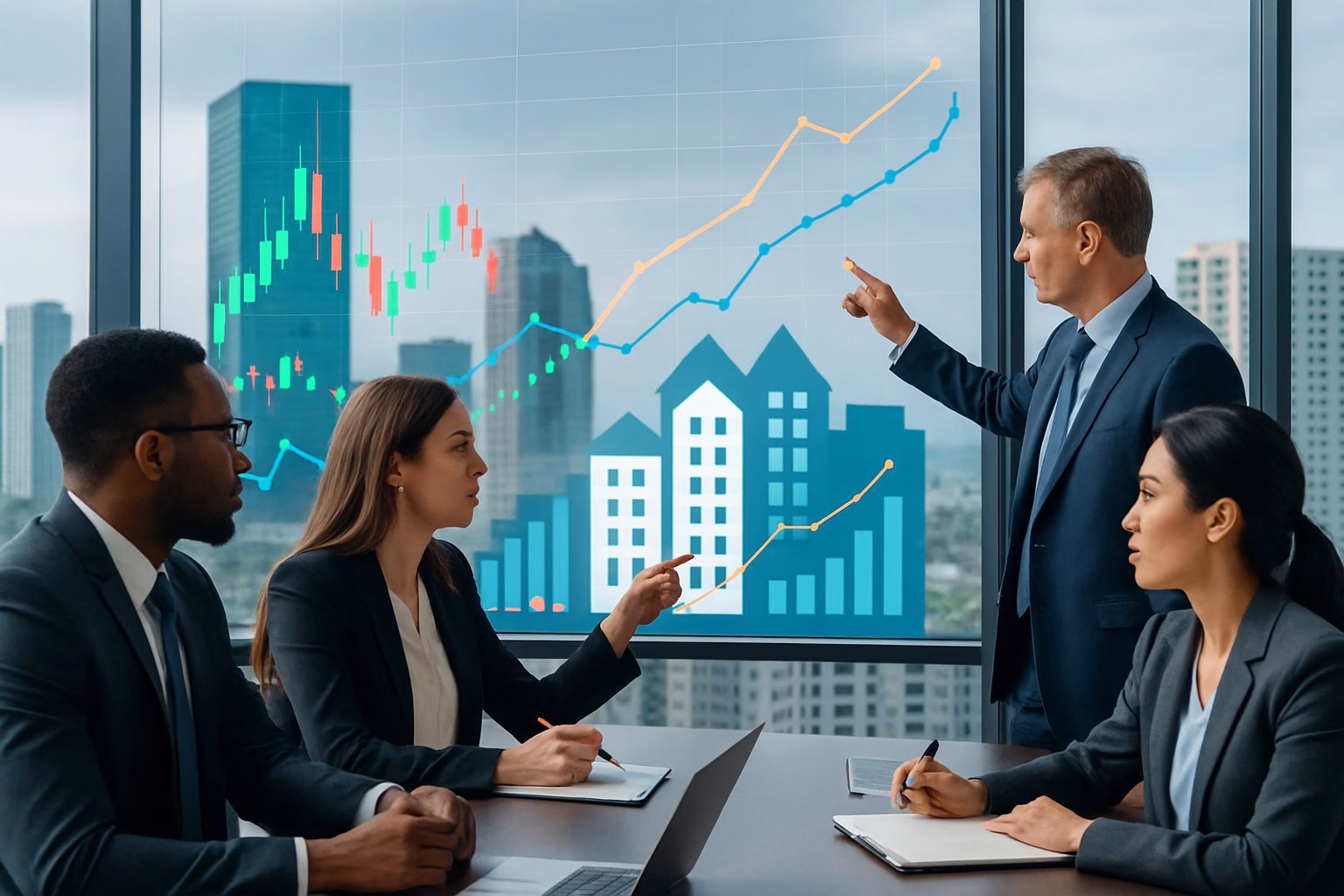 Business professionals in an office reviewing financial charts with a city skyline in the background.