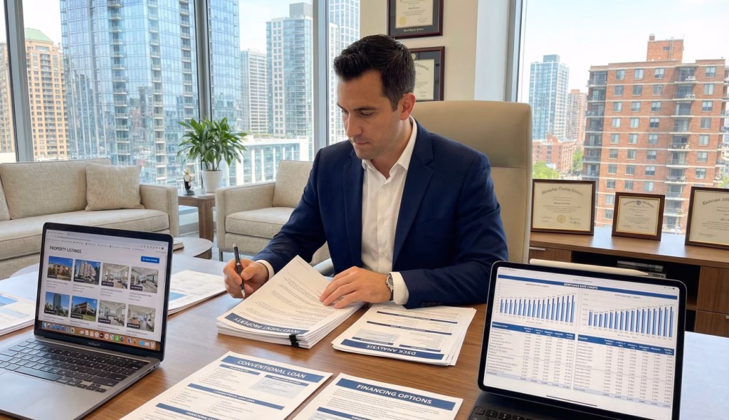 Real estate investor reviewing conventional loan, DSCR, and financing option documents at a professional office desk with property listings on screen
