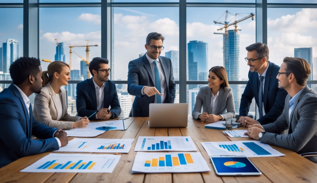 A group of investors sitting in a conference room with skyscrapers and cranes in the background discussing conventional financing options.