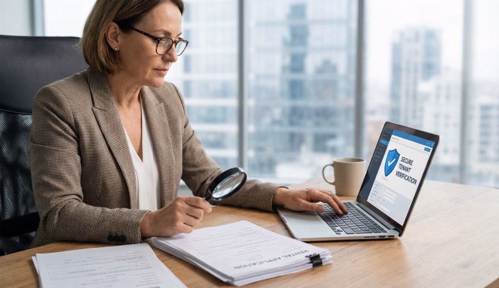 Property manager reviewing rental application documents with a magnifying glass and secure tenant verification screen on laptop