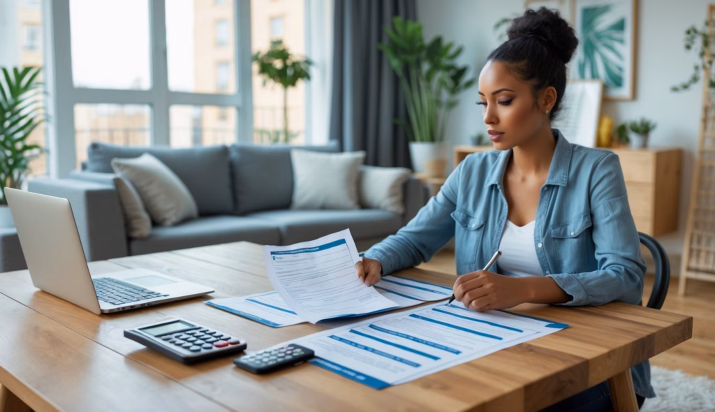 An accidental real estate investor sitting in her home office reviewing rental property financial reports