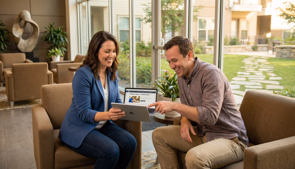 Property manager and resident reviewing the online resident portal together in a modern apartment building lobby with a landscaped courtyard in the background
