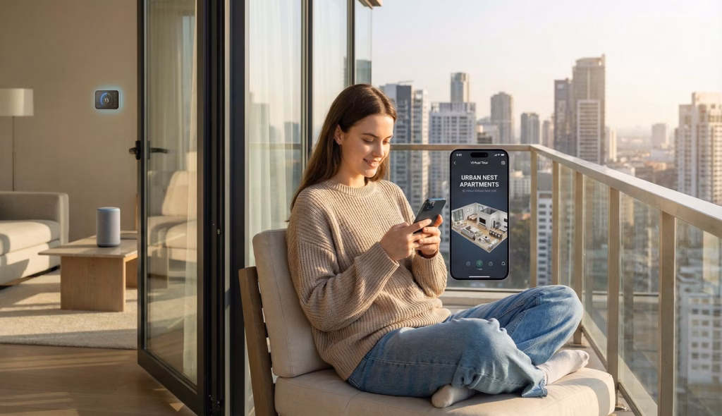 Young Gen Z renter browsing an apartment virtual tour app on her smartphone while sitting on a modern high-rise balcony with city skyline and smart home technology visible
