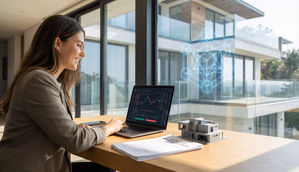 Young professional reviewing cryptocurrency charts and a digital asset mortgage agreement at a modern desk with a house model and blockchain visualization in the background