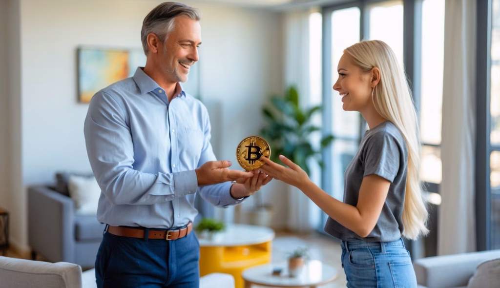 A happy couple discussing purchasing a rental property using a mortgage backed by crypto