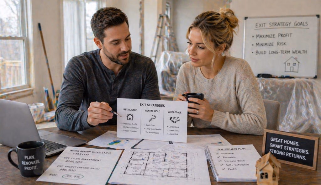A husband and wife real estate investing team discussing exit strategies for a house they are flipping.