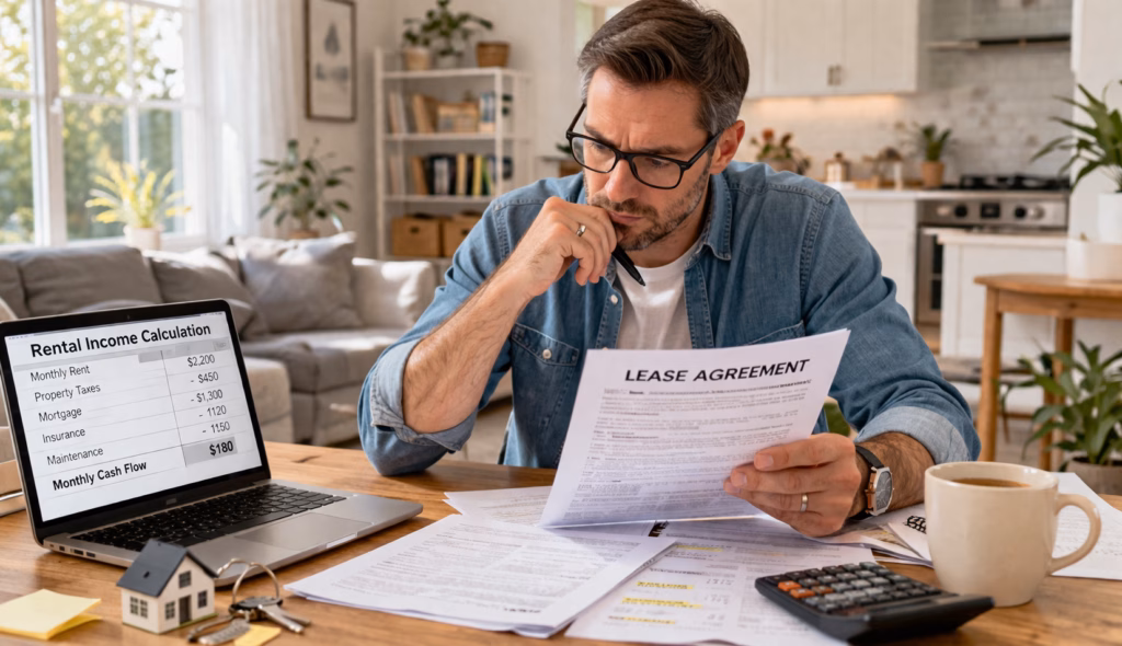 First-time landlord reviewing lease documents and rental income calculations at a desk with keys and a model house
