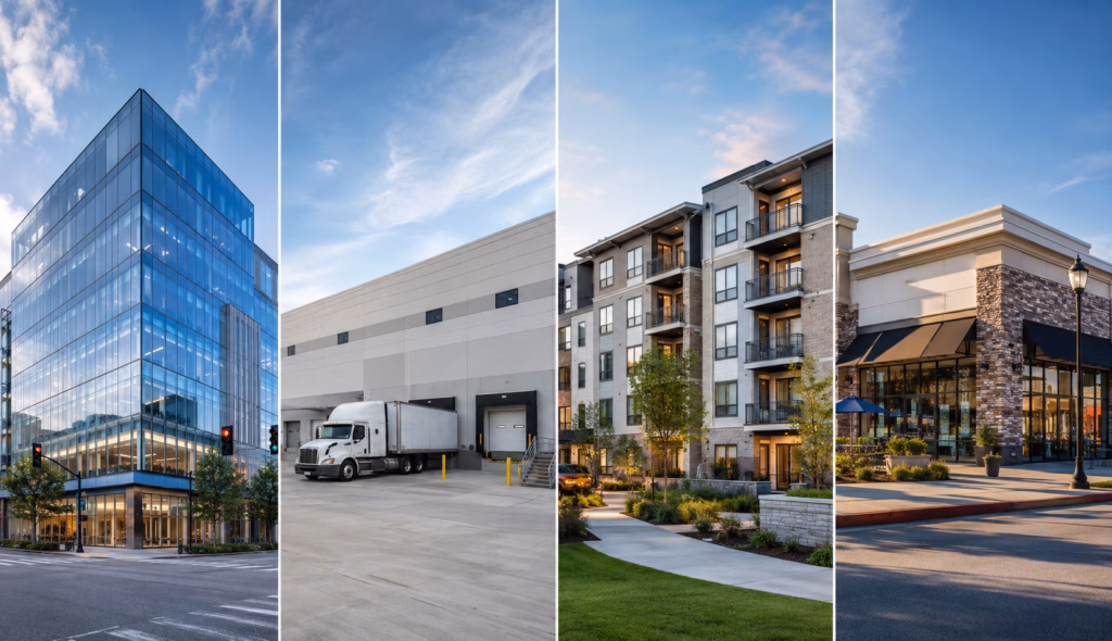 Office, industrial, multifamily, and retail commercial real estate properties shown side by side in a four-part market comparison image.