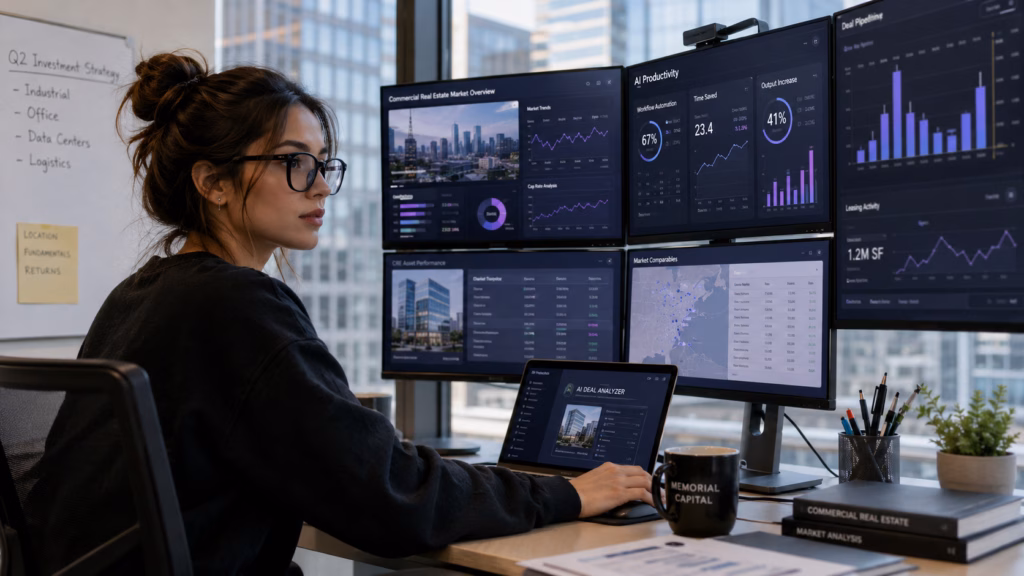 A Gen Z female commercial real estate investor with black framed glasses analyzing productivity growth charts, AI tools, and real estate market data on multiple screens in her office.