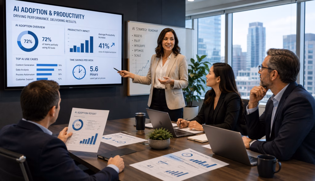 Business team reviewing AI adoption reports and productivity data in a modern office conference room.