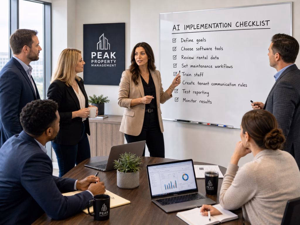 A female property manager in front of a white board in a conference room with her peers. They are collaborating on creating an AI implementation checklist.