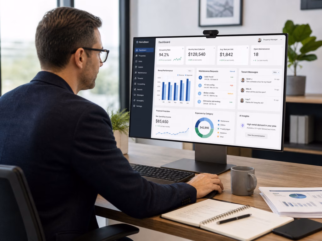 a property manager using AI software to review rental performance, maintenance requests, tenant messages, and financial reports