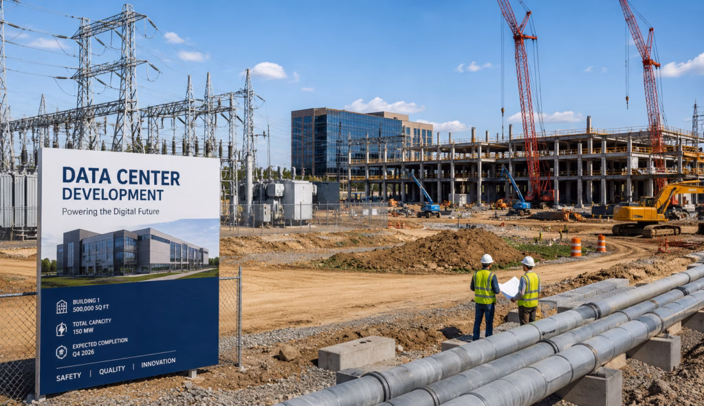 Data center construction site with power infrastructure and commercial real estate development in the background.