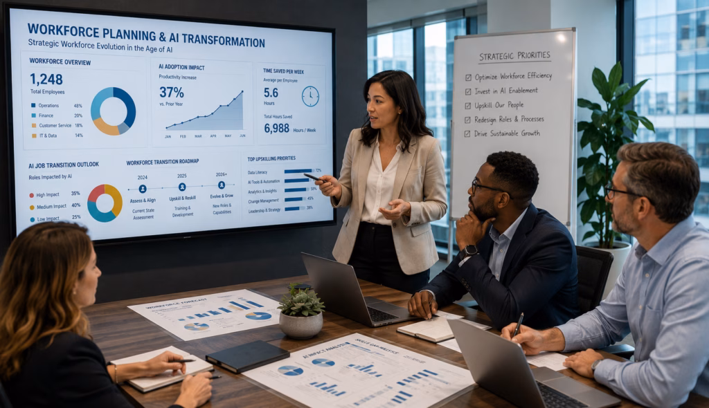 Professionals reviewing workforce planning charts and AI job transition data in an office setting.