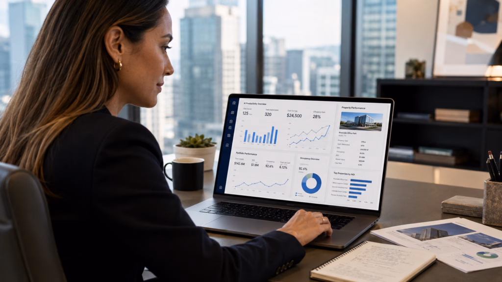 Female commercial real estate investor reviewing AI productivity analytics and property performance data on a laptop.