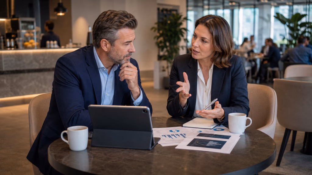 Two commercial real estate investors - one male and one female - discussing the risks of AI in CRE over coffee in the company cafeteria.
