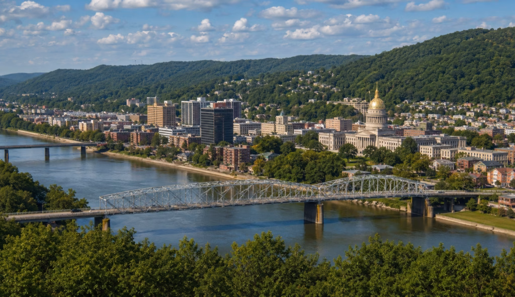 Riverfront cityscape with the gold-domed capitol, bridges, downtown buildings, and forested Appalachian hills in the background