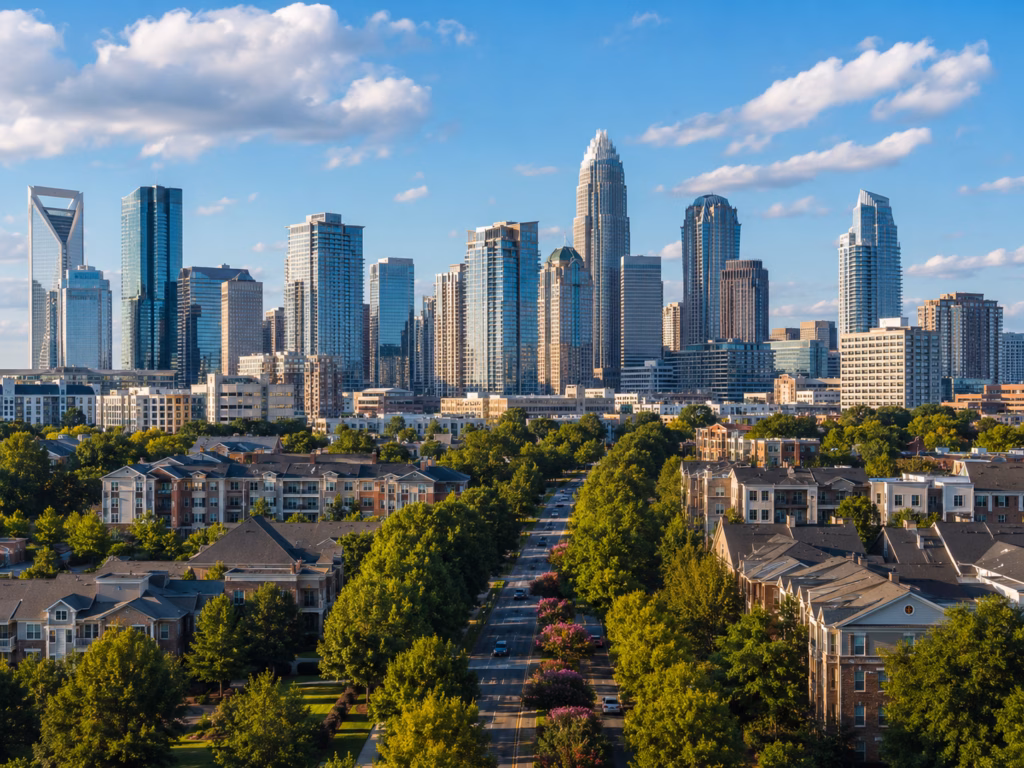 Charlotte skyline rising above tree-lined residential neighborhoods and apartment communities on a clear day.