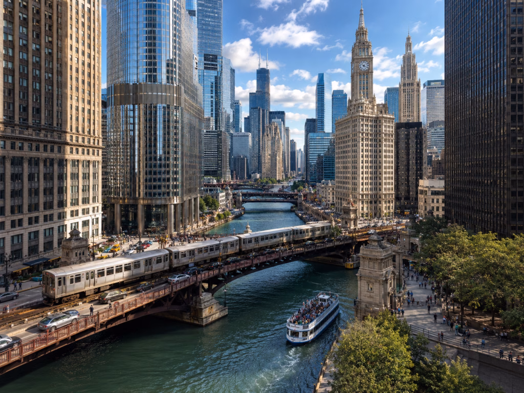 Chicago riverfront scene with downtown skyscrapers, historic bridges, an elevated train, and a tour boat on the water.