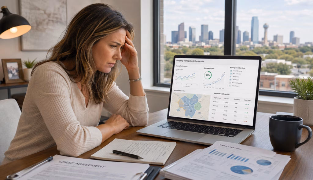 Create an image sized 1333x768 of a female Dallas Fort Worth landlord reviewing rental property management options on a laptop with local market data and lease documents. She is frustrated and is considering hiring a top DFW property management company.