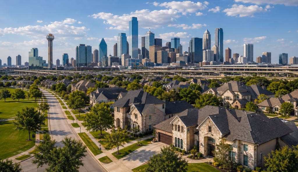 Single-family rental homes in DFW with a view of the central business district in the distance.