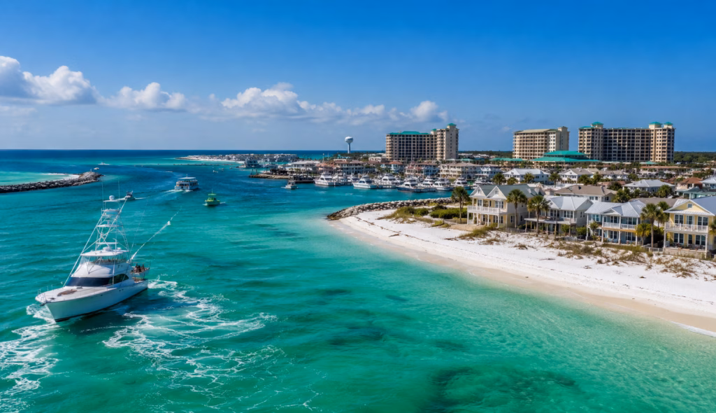 Emerald Coast beach scene with clear turquoise water, white sand, vacation homes, resort towers, marina boats, and a sportfishing boat offshore.