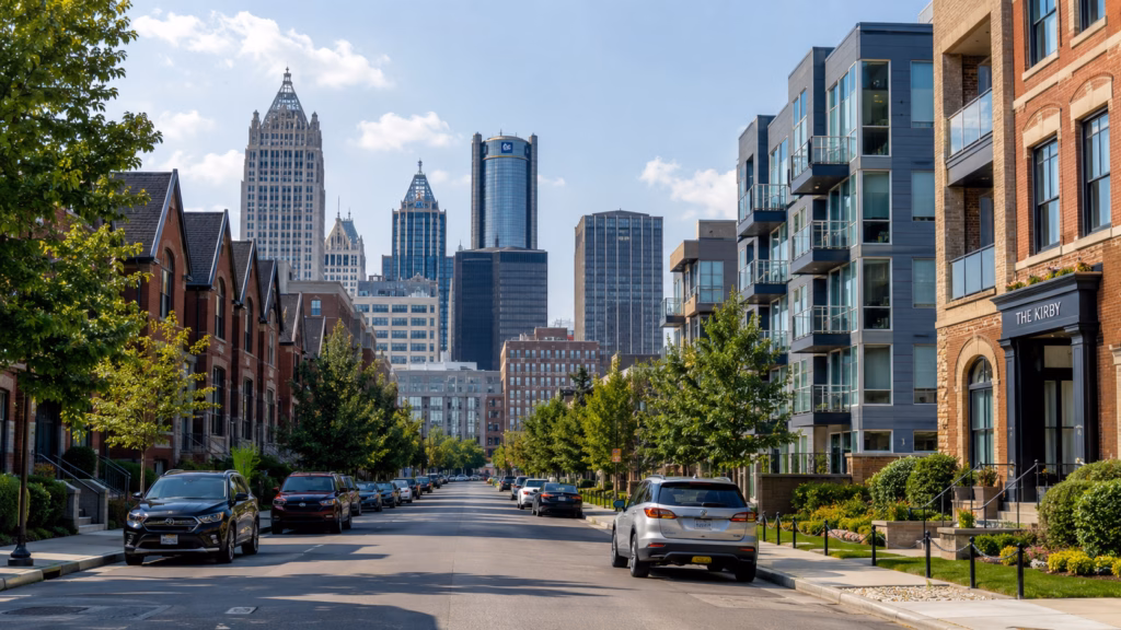 Upscale Detroit residential street with renovated brick townhomes, modern condos, parked cars, landscaped sidewalks, and the downtown skyline.